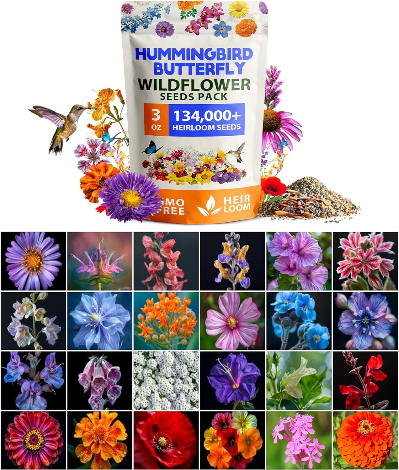 HOME GROWN Wildflower Seeds – 134,000+ Pure 𝗡𝗢𝗡-𝗚𝗠𝗢 𝗨𝗦𝗔 Seeds, No Filler – 23 Varieties Bulk Mix (3oz) for Birds & Butterflies – Annual & Perennial Wild Flowers for Fall Garden Planting