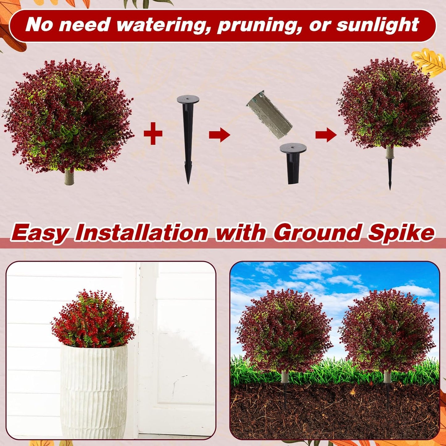 Yunlly 2 Pcs 18 Inch Artificial Boxwood Ball Topiary Tree Fake Outdoor Plants Bush, UV Resistance Faux Shrub with Spike Realistic Greenery Potted for Indoor Garden Yard Porch Patio Decor (Purple Red)