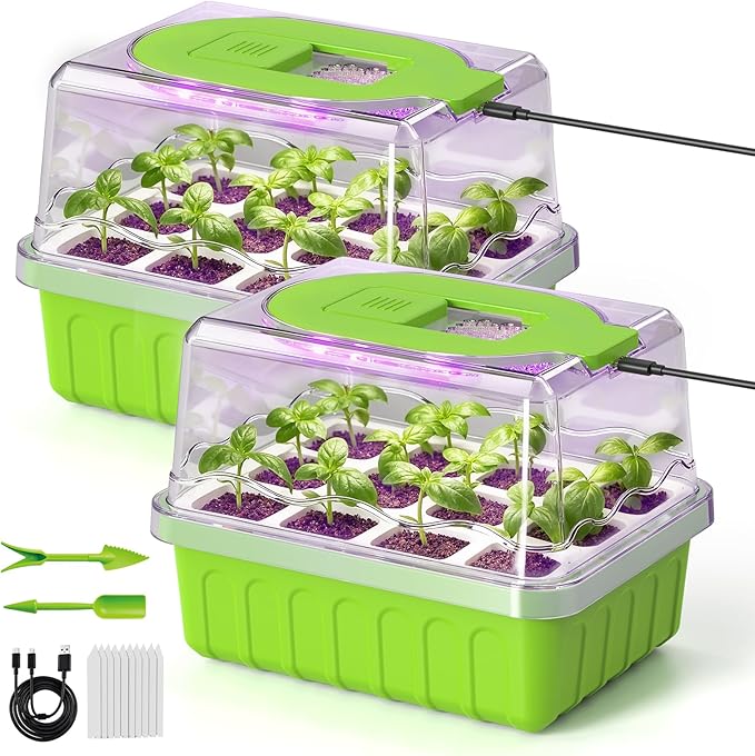 RAINPOINT 2 Pack Seed Starter Tray with Grow Light,2 * 12-Cell Indoor Seed Starter Kit,Flexible Silicone Designed Seedling Starter Trays,Germination Tray with Humidity Dome & Lids, Reusable