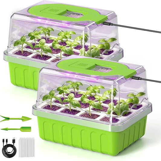 RAINPOINT 2 Pack Seed Starter Tray with Grow Light,2 * 12-Cell Indoor Seed Starter Kit,Flexible Silicone Designed Seedling Starter Trays,Germination Tray with Humidity Dome & Lids, Reusable
