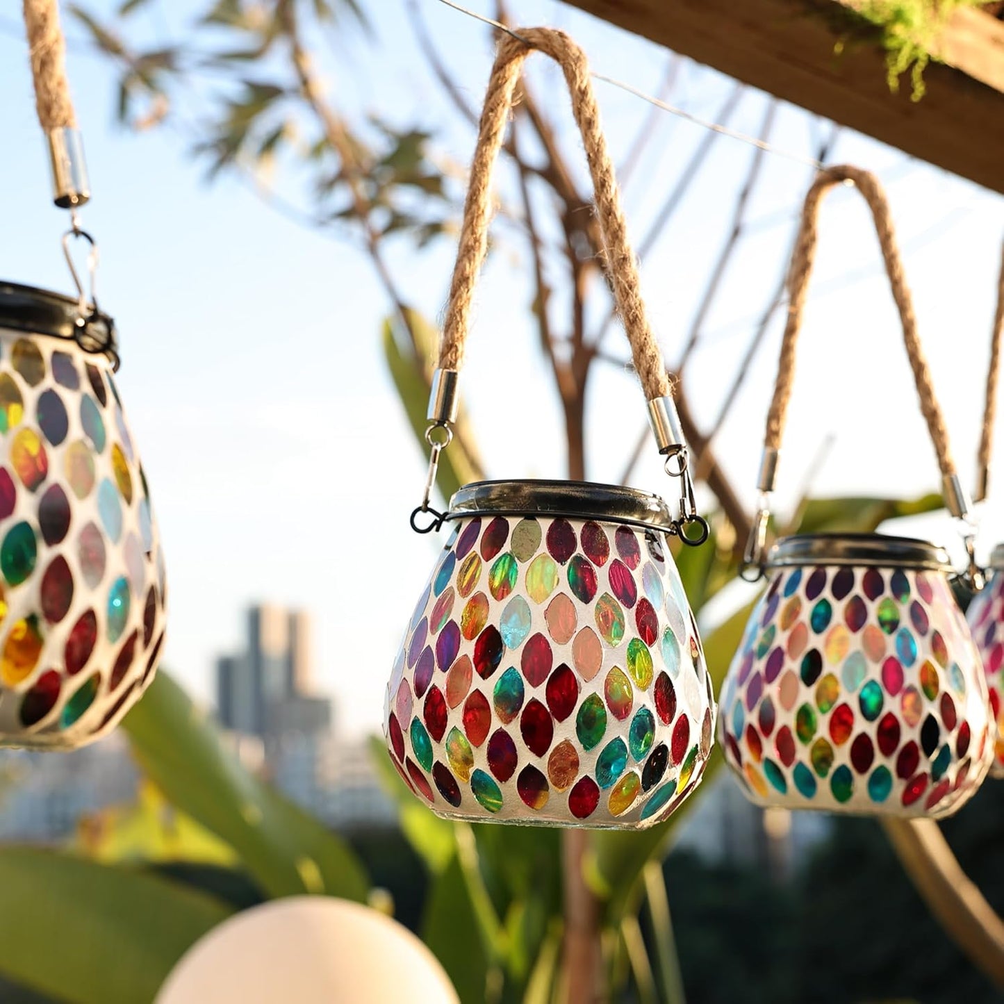 Cooo 4 Pack Mosaic Solar Lantern Outdoor Waterproof IP68 Hanging Projection Light Hidden Lid Pear-Shaped Lantern with Rope Handle Solar Powered Auto On for Patio Garden Fence Table - Crimson Ember