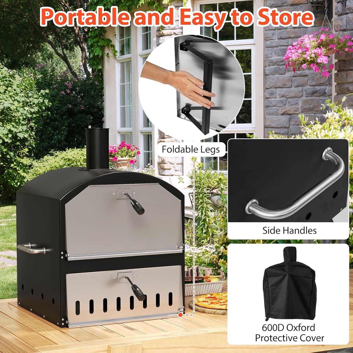 Happygrill Pizza Oven Outdoor, 16” 2-Layer Wood Fired Pizza Maker with Stone, Peel & Grill Racks, Portable Burning Stove with Folding Legs and Cover for Camping Patio Backyard BBQ