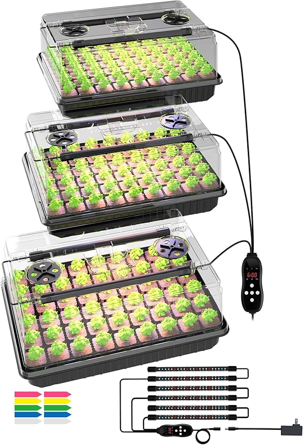 GLOWRIUM Seed Starter Tray with Full Spectrum Grow Light,54-Cell*3 Pack Seed Starter Kit with Humidity Dome,6-Setting Auto Timer,Adjustable Brightness for Indoor Plant (3-Pack)