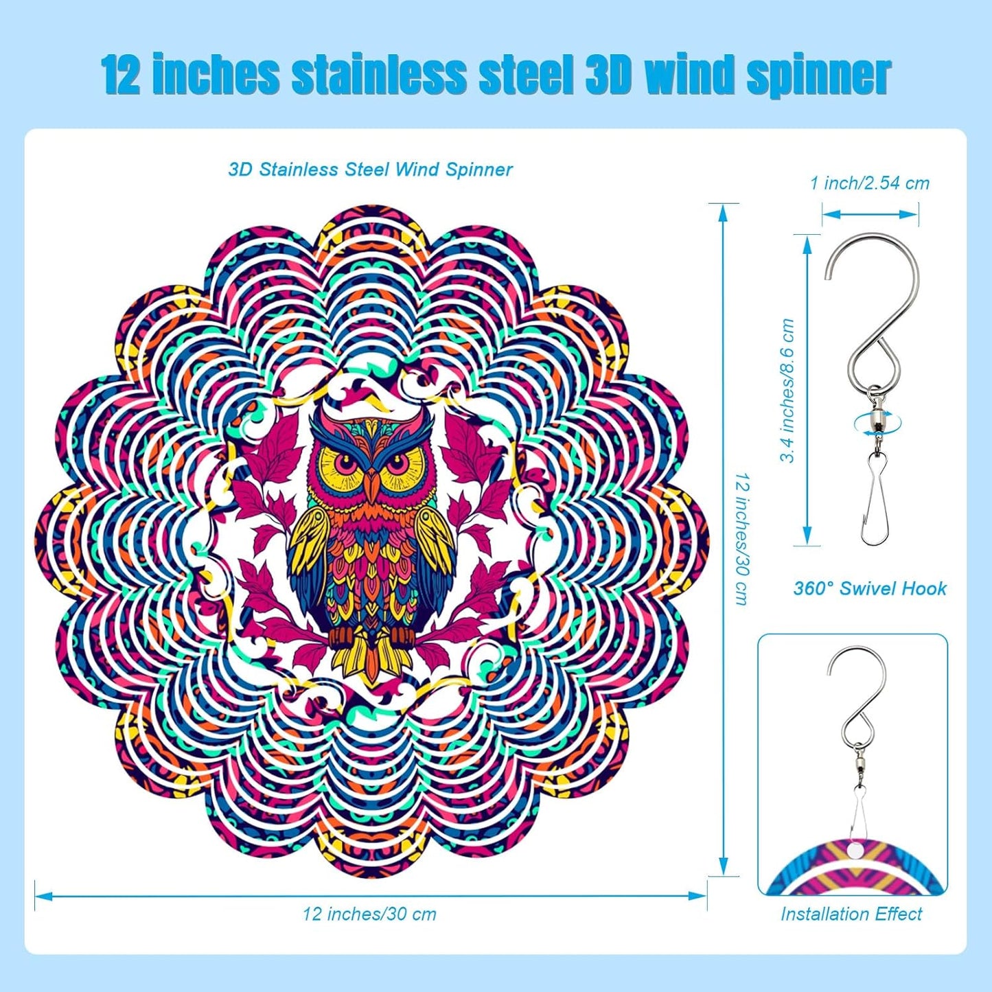 Wind Spinners Outdoor, Owl Metal 3D Hanging Garden Decor, 12-inch Stainless Steel Wind Spinner with Tail Spinner, Wind Sculptures for Patio Lawn Yard, Ornament Gift for Women/Men