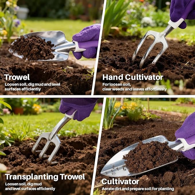 MelonArt Garden Tool Set, 10 Pcs Heavy Duty Gardening Tool Kit Women Garden Gift Set Aluminum with Non Slip Ergonomic Handle, Storage Tote Bag and Gloves, Garden Supplier for Women&Men(Purple)