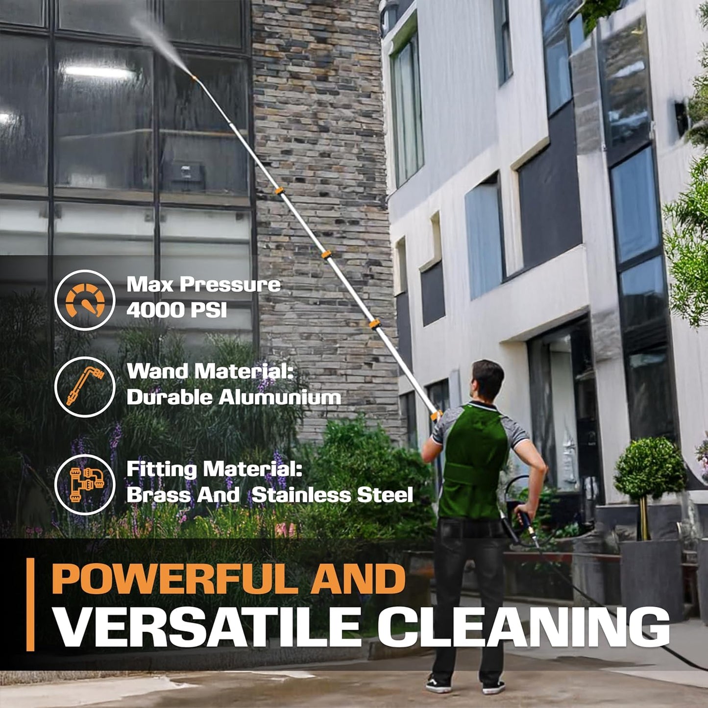 EDOU 20 ft Telescoping Pressure Washer Wand - Power Washer Gutter Cleaner Tool - 4,000 PSI Extension Pole with 1/4" Quick Connection, 5 Spray Nozzles, 2 Couplers, and Support Harness