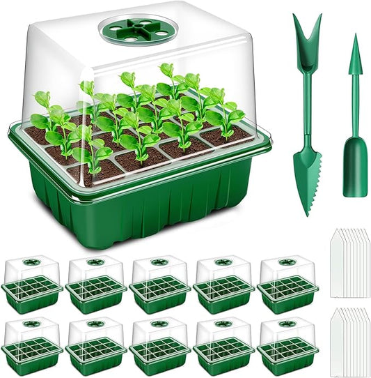 YAUNGEL Seed Starter Tray, 10 Pack 120 Cells Thicken Seed Starter Kit with Heightened Lids Humidity Dome Seedling Starter Trays for Indoor Gardening Plant, Green