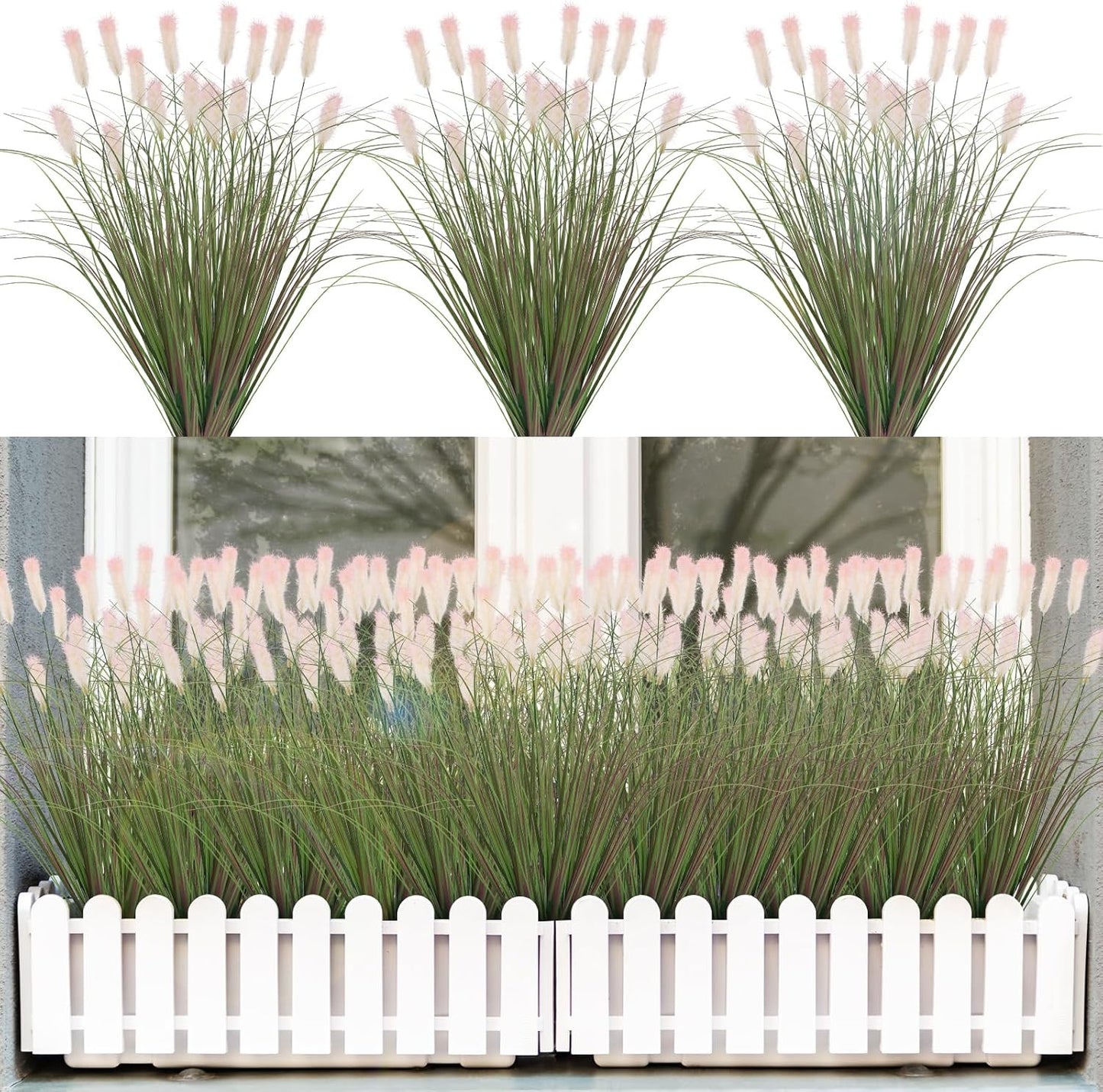 Artificial Grasses Plants Oudoor 24 Bunches Onion Grass Greenery with Plush Faux Fake Shrubs Plant Onion Wheat Grass for Outside Garden Indoor House Home Office Décor (Light Purple & Pink Plush