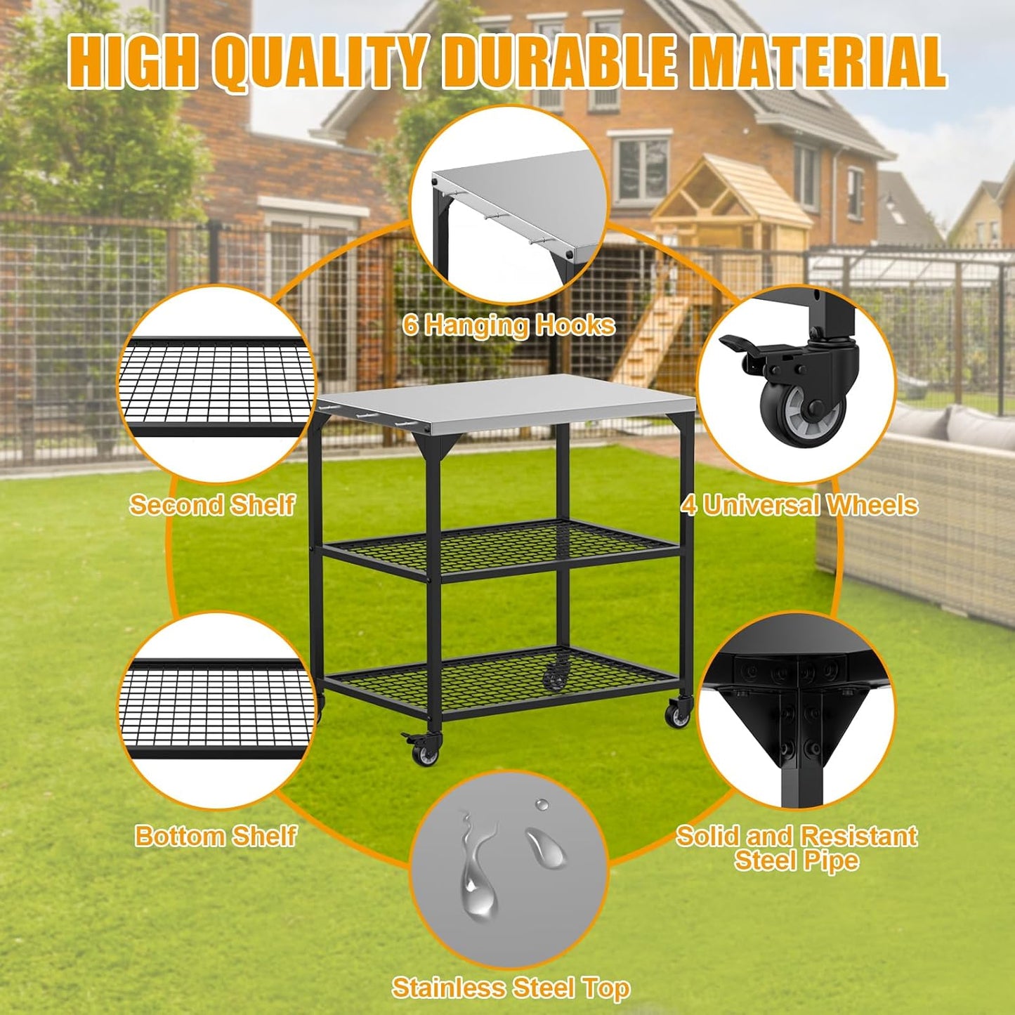 Outdoor Grill Cart,Pizza Oven Table with 4 Wheels,Three-Shelf Movable Dining Cart Table,BBQ Food Prep Work Table,Stainless Steel Flattop Grill Stand for Kitchen Backyard, with Waterproof Cover