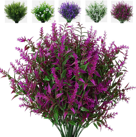 8 Pack Artificial Plants Flowers Grass Shrubs Lavender No Fade Faux Plastic Flowers Outdoor for Farmhouse Garden Porch Patio Indoor Wedding Decoration Greenery Fake Plants uv Resistant