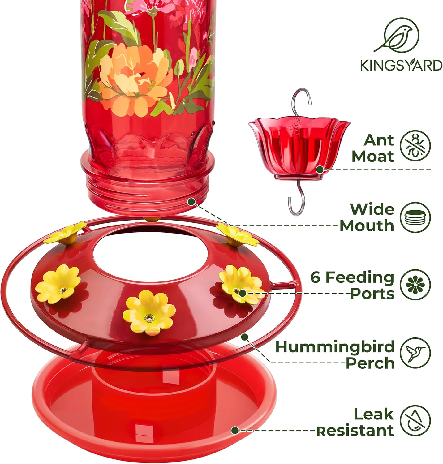Kingsyard Hummingbird Feeder for Outdoor Hanging - Charming Patterned Glass Humming Bird Feeder with 6 Feeding Ports and Ant Moat, Ideal Gift Choice for Bird Lovers, Red
