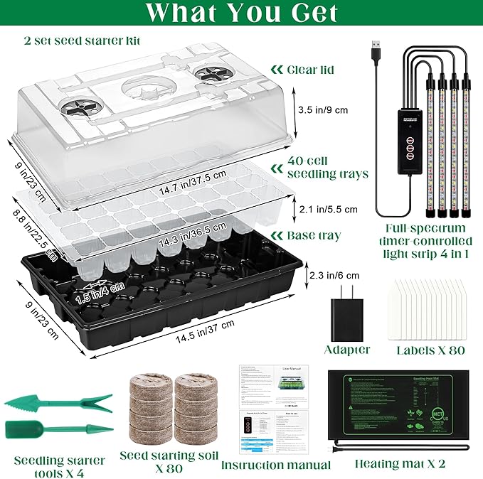 Hahood 2 Set Seed Starter Kit 40-Cell Seed Starter Tray with Grow Light Full Spectrum Seedling Heat Mat 40 Peat Pellets Seed Starting Soil Plant Label Garden Tool for Germination Seeds Growing, Black