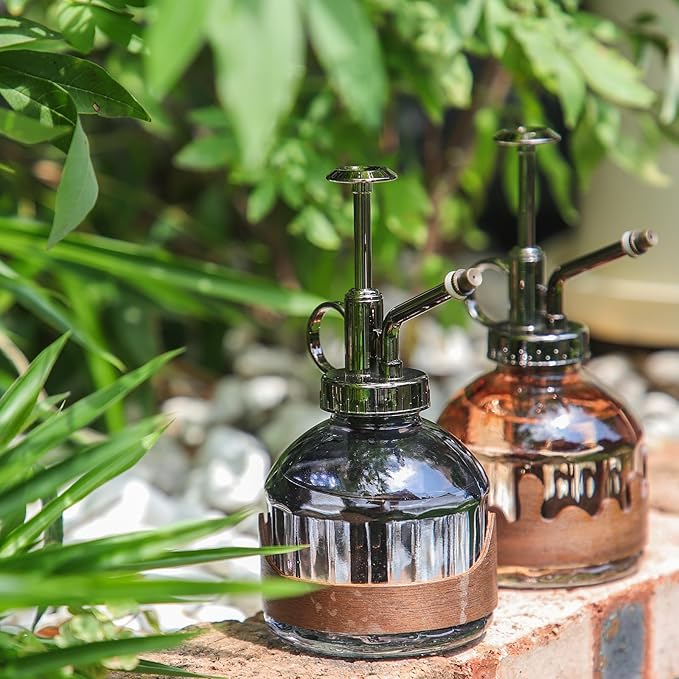 OFFIDIX Glass Plant Mister, 6.3 Inches Tall Vintage Style Spritzer Bronze Plastic Top Pump One Hand Watering Can Indoor Plant Spray Bottle for Garden, Plants, Cleaning (Distant Hill)
