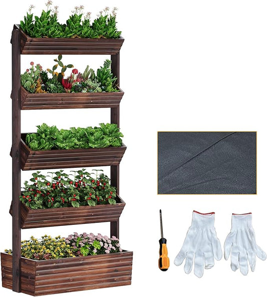 RHINEINMIST Vertical Wooden Raised Garden Bed Planters Wood Planter Kit Plant Stand Flower Rack Planter Box Gardening Plants Herbs Flowers Vegetables Outdoor Indoor Freestanding (Carbonized 5-Tier)