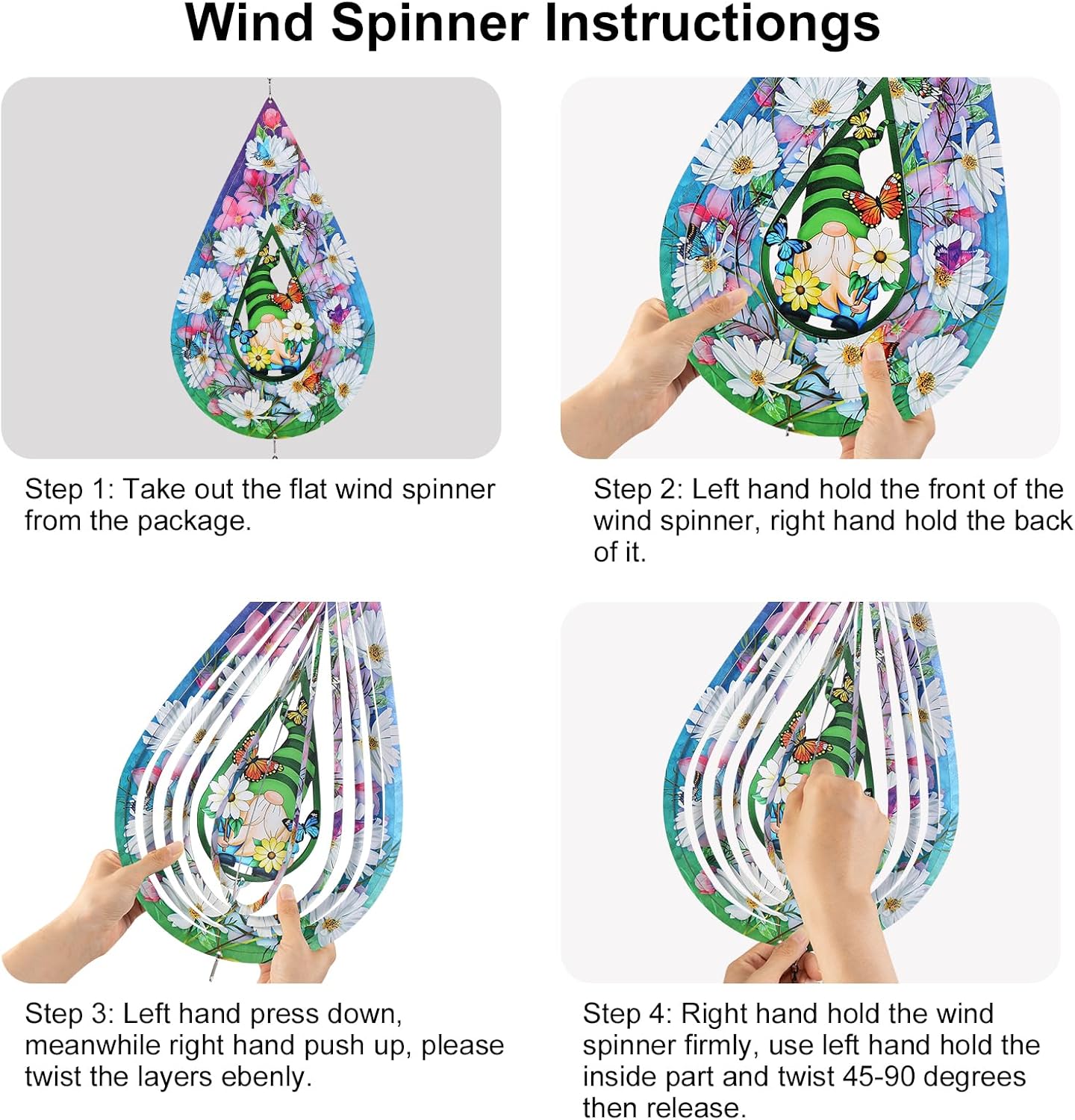 Gnomes and Butterfly Hanging Wind Spinners, Outdoor 3D Metal Sculptures for Garden and Yard Decoration Large Wind Spinner with a 360° Rotating Hook, Gifts for Women Mom Grandma Wife