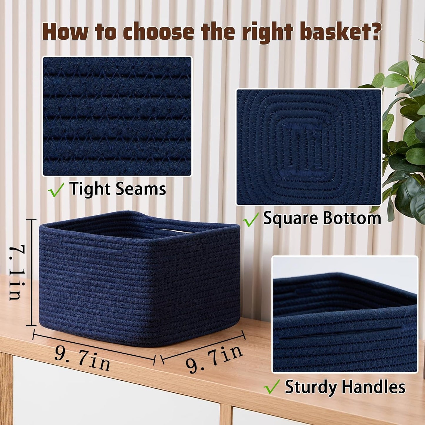 Small Organizing Baskets for Cubes Shelf, 9.7x9.7x7.1 Inch Rope Woven Storage Bins for Nursery Shelves Storage, Cute Toy Basket, Square 3 Packs Navy Blue