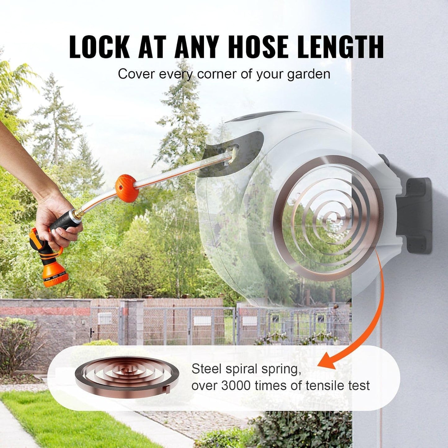 65' x 5/8" Retractable Hose Reel Wall-Mounted with 180° Swivel–Heavy-Duty Automatic Water Hose Storage for Garden,Yard,and Outdoor Use