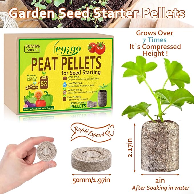 Legigo 50 Pcs 50mm Seed Starter Peat Pellets Pods for Seedlings- Compressed Seed Starting Pellets Seed Starter Pods Plugs Soil Peat Pods for Starting Seeds, Garden Planting Herb Flower Vegetables