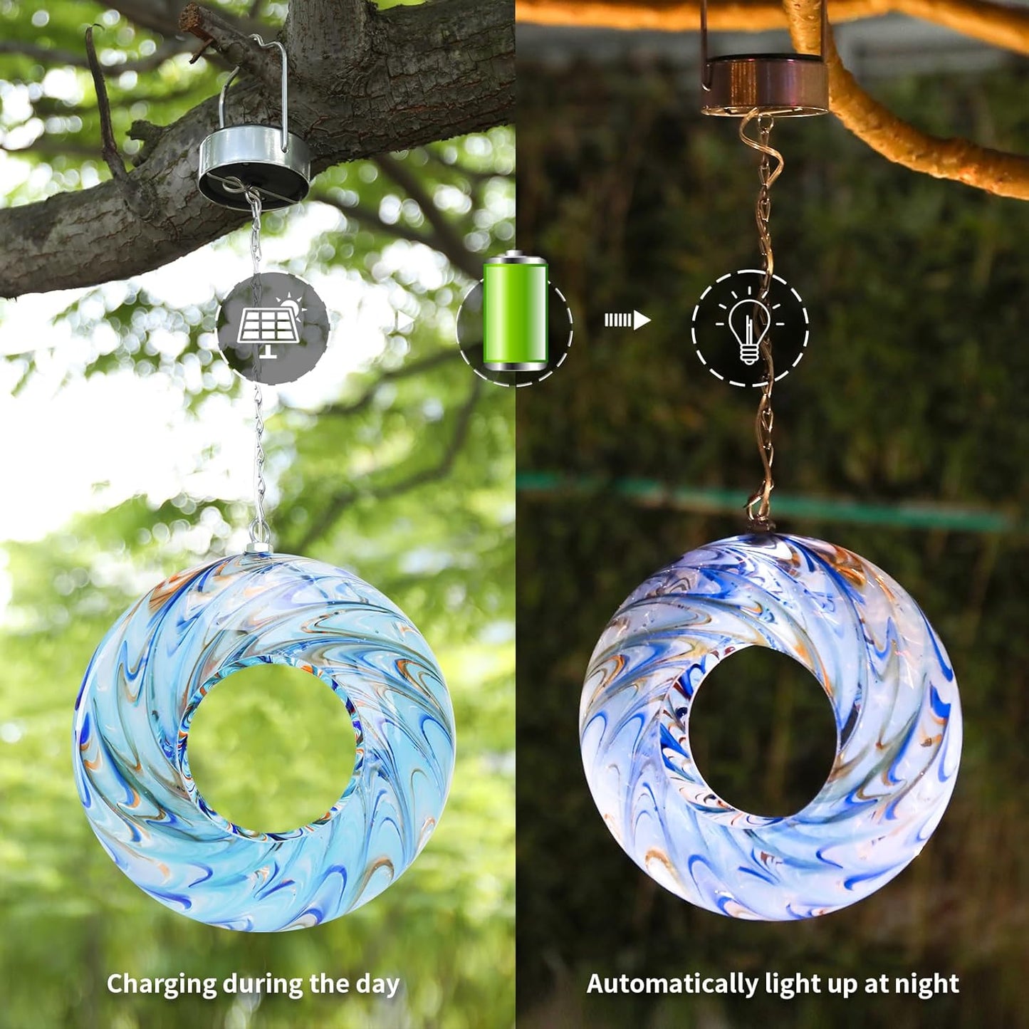 VCUTEKA Bird Feeder Solar Fly Through Bird Feeders for Outside Hanging with Round Shape Glass Container to Attract Wild Birds for Garden Decor, Solar Birdfeeder as Gift for Lovers, Light Blue 8-Inch