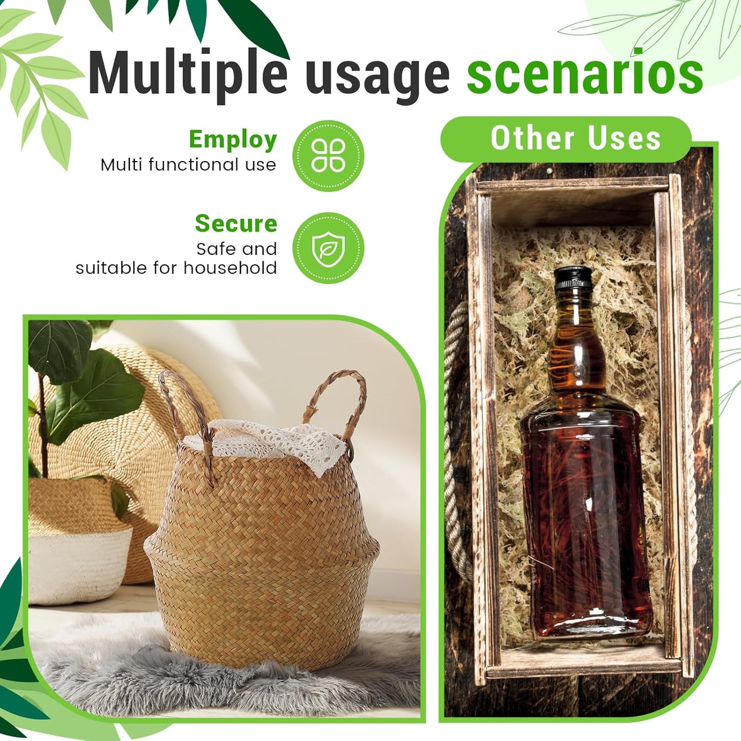 1 Pack Large Wicker Plant Basket with Handle 10 Inch Woven Seagrass Belly Basket and Artificial Moss for Plants Picnic Grocery Laundry House Storage Home Decor (Large)