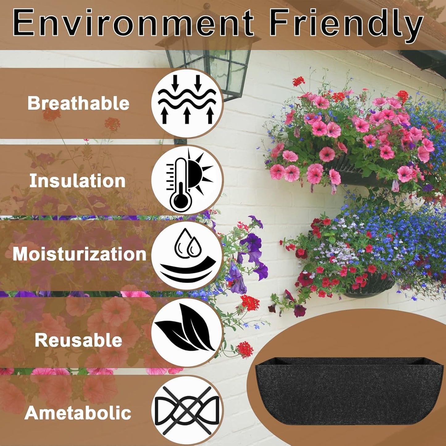 1-Pack 30in Planter Liners - Breathable Felt Hanging Basket and Window Box Liners - Prevent Root Suffocation and Bird Damage - Black