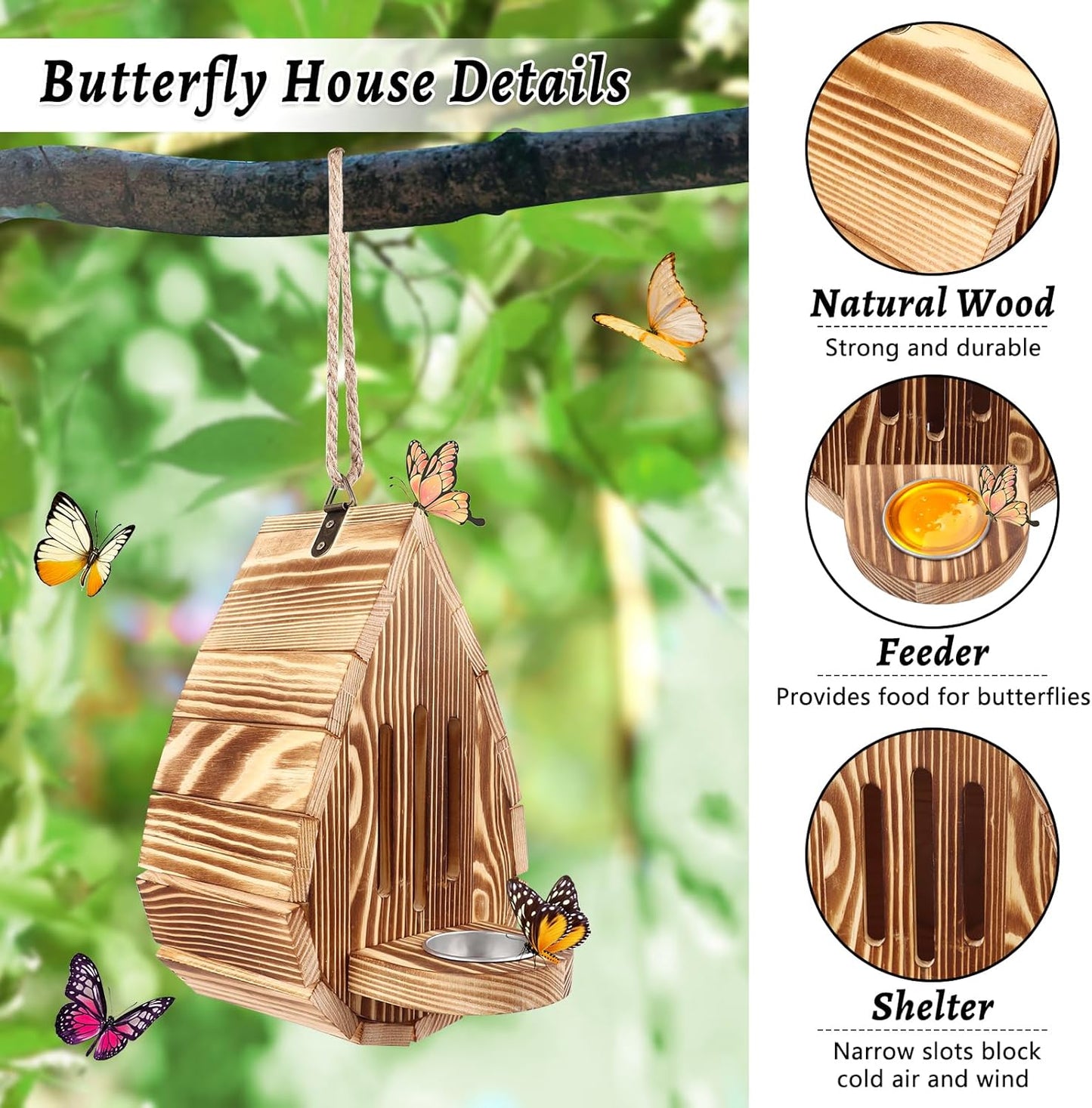 Wooden Butterfly House and Feeder, Hanging Butterfly House for Garden, Natural Butterfly Habitat with Butterfly Puddler for Outside Butterflies, Moths - Backdoor, Easy to Clean