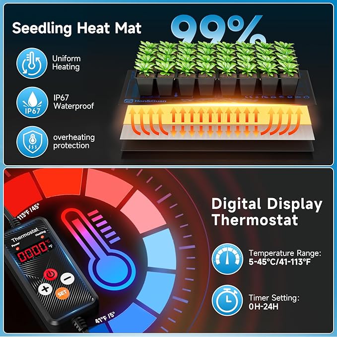 Hon&Guan 2 Pack Seed Starting Kit - 30 Cell Seed Starter Tray with Higher 5.3” Humidity Dome, LED Growing Lights and 10"x20.75" Seedling Heat Mat, Adjustable Vents - Germination & Plant Propagation