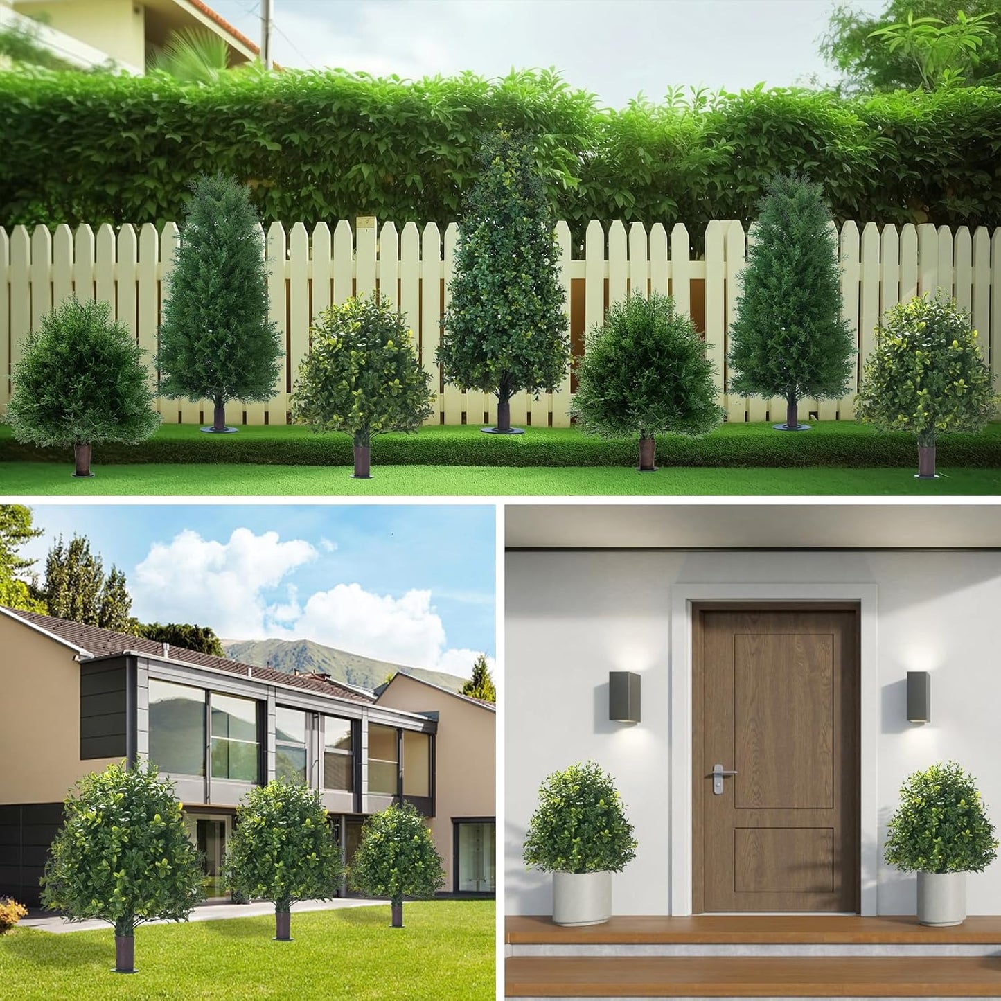 20" Artificial Boxwood Topiary Balls Trees with Ground Spike, 2 Pack UV Resistant Artificial Shrubs, Fake Evergreen Artificial Plant Brush for Indoor Outdoor Front Porch Garden