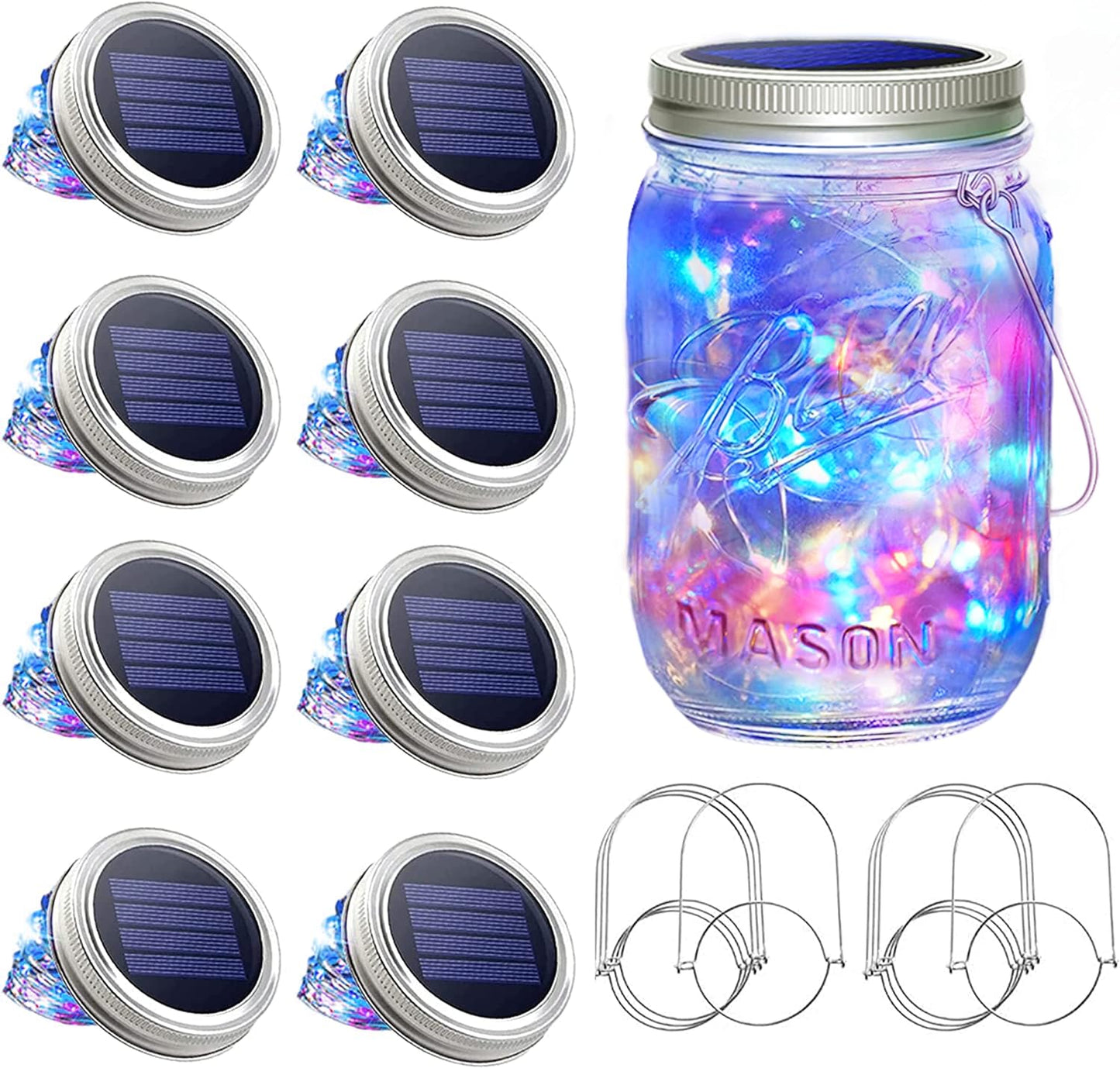 SunKite Solar Mason Jar Lights [Updated], 8 Pack 20 LED Waterproof Fairy Firefly Jar Lids String Lights with Hangers(NO Jars), Patio Yard Garden Wedding Decoration(Multi-Colored)