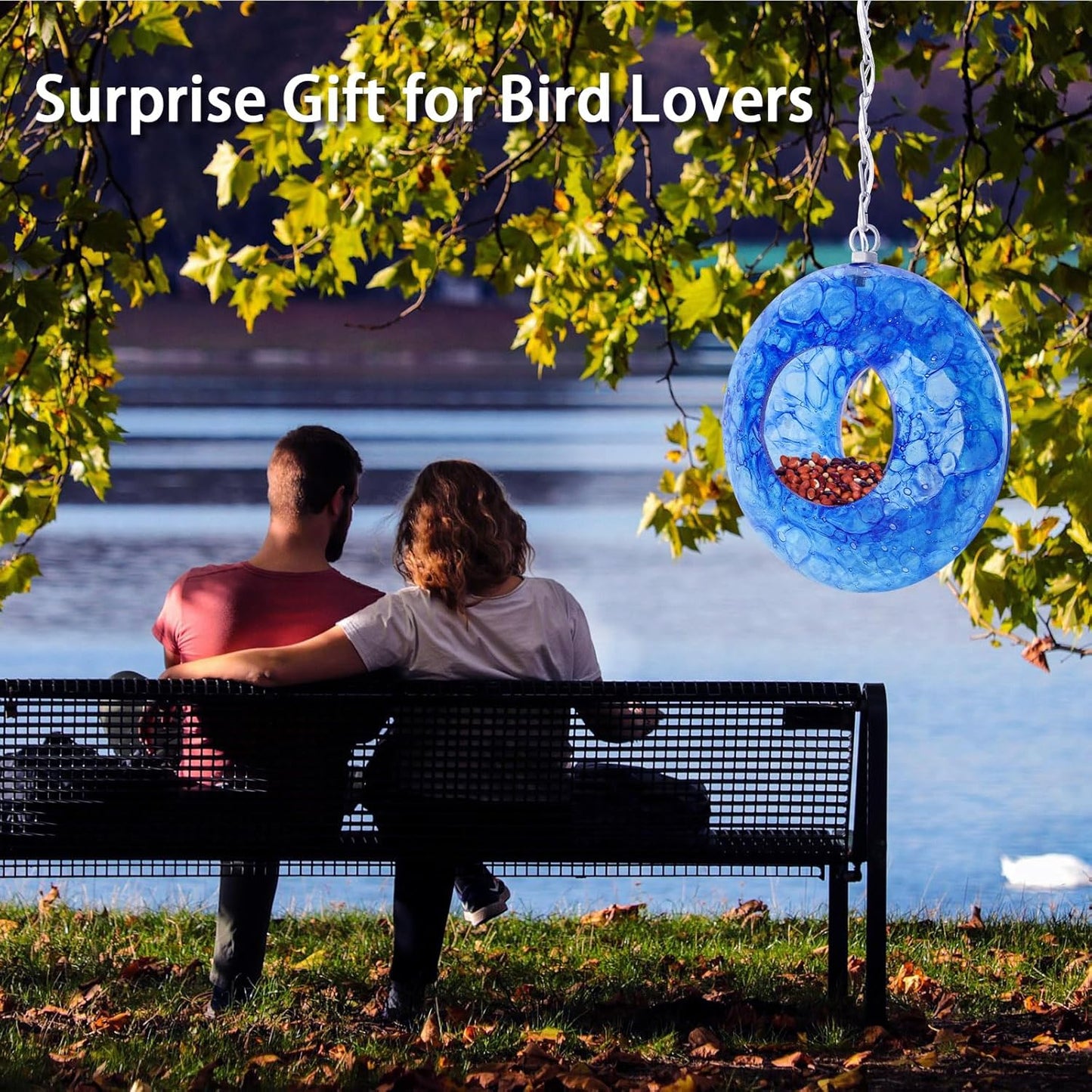 Yinns Mosaic Bird Feeders for Outside Hanging Fly Through Bird Feeder with Round Shape Solar Birdfeeder for Yard Garden Decor Bird Lvoers Gifts, 8-Inch Bule