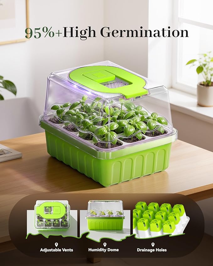 RAINPOINT 2 Pack Seed Starter Tray with Grow Light,2 * 12-Cell Indoor Seed Starter Kit,Flexible Silicone Designed Seedling Starter Trays,Germination Tray with Humidity Dome & Lids, Reusable