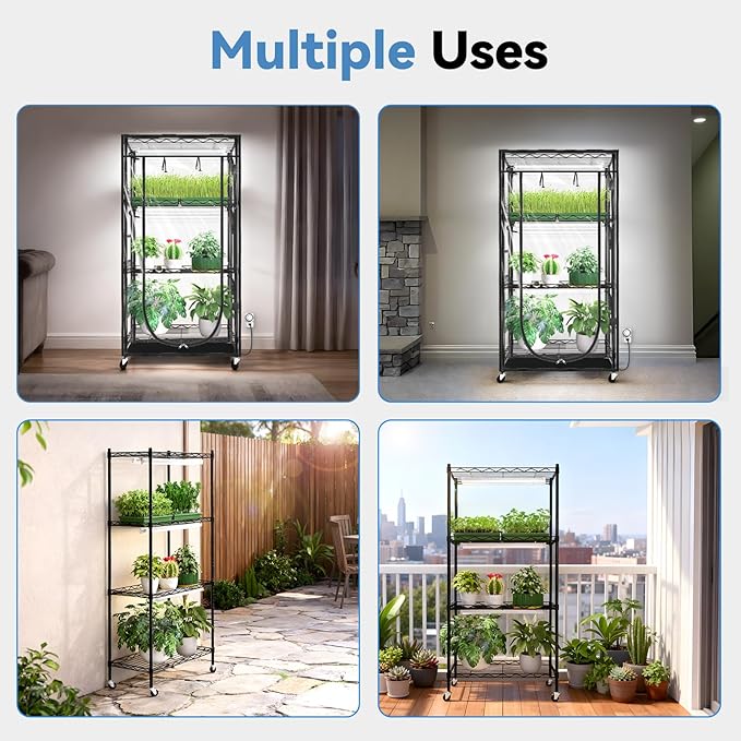 JESLED Indoor Greenhouse with Grow Light - Full Spectrum 5000K LED for Seed Starting, Tiered Lighting Control, Built-in Timer & Thermo-Hygrometer, Rolling Metal Plant Stand (23.6x13.8x59 in)