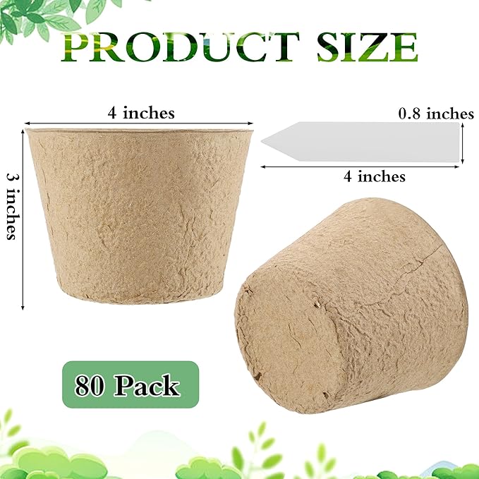 Hahood 80-Piece Biodegradable Round Nursery Pots, 4x4x3 Inch, Brown, Outdoor, Seedling Pot, PLANTER