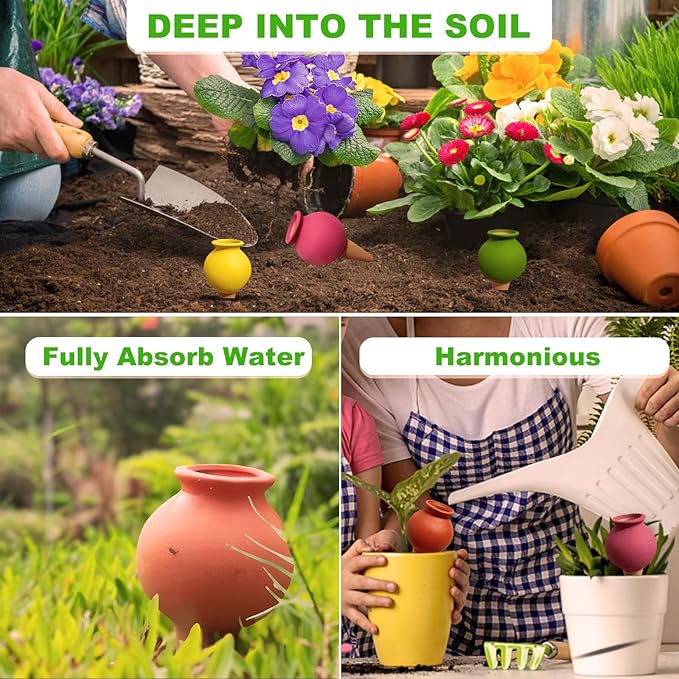 Tuzinano 4-Pack Terracotta Self-Watering Spikes | Eco-Friendly Iron-Rich Clay Olla Irrigation System | Vacation Plant Sitter for Potted Flowers, Herbs, and Succulents