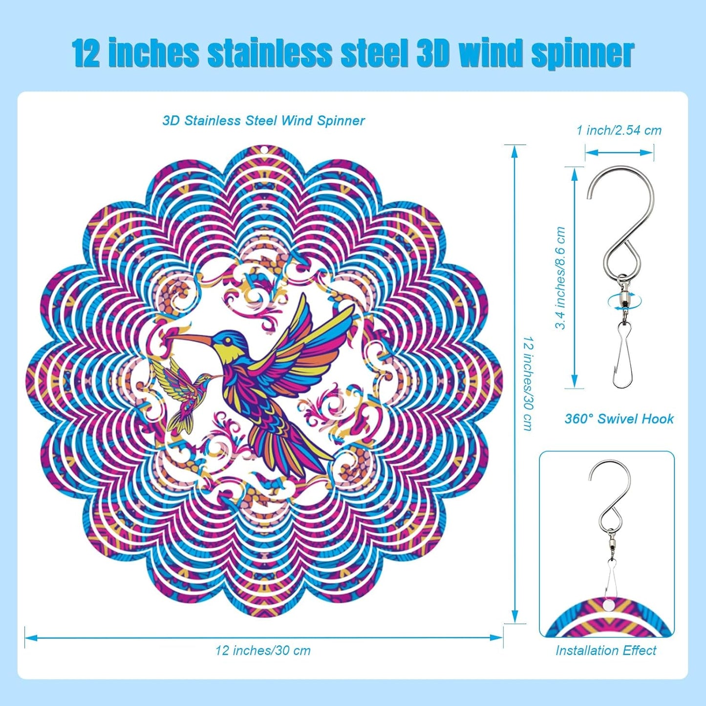 Wind Spinners Outdoor, Hummingbird Metal 3D Hanging Garden Decor, 12-inch Stainless Steel Wind Spinner with Tail Spinner, Wind Sculptures for Patio Lawn Yard, Ornament Gift for Women/Men