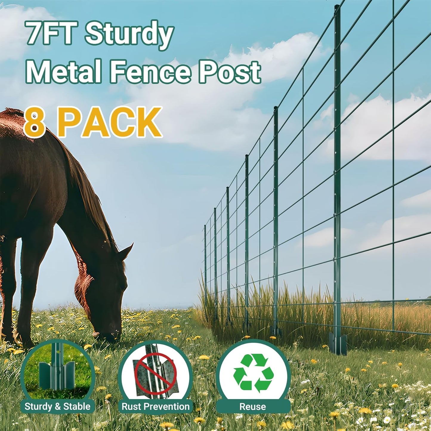 Metal Fence Posts 7 Ft, Assembly Required, Upgraded and Thickened, Green, 8 PCS