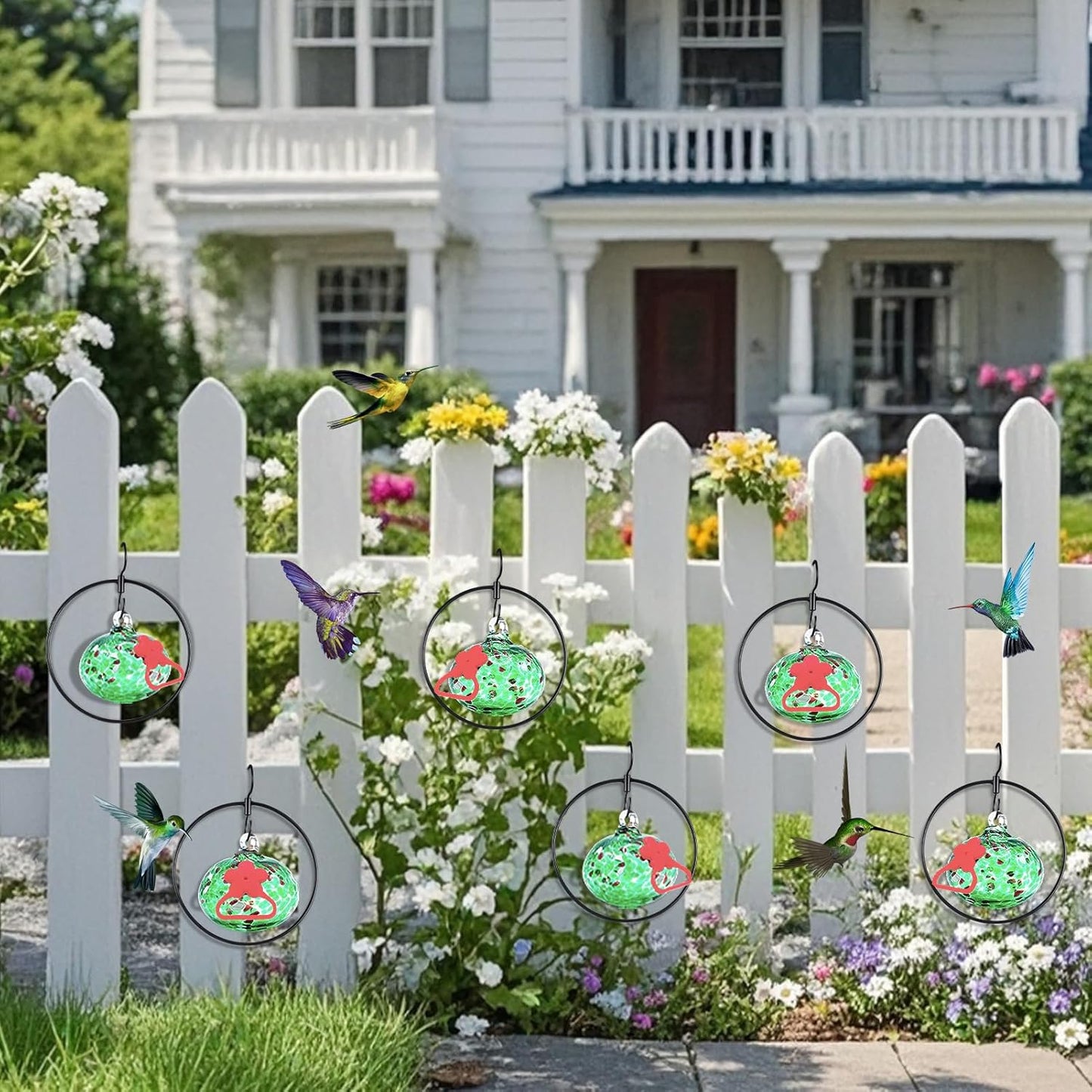 Flexible 6 Pack Hummingbird feeders for Outdoors Hanging Ant and Bee Proof,Detachable Hand Blown Glass Hummingbird Feeder with 6 Adjustable Silicone Perch(Green)