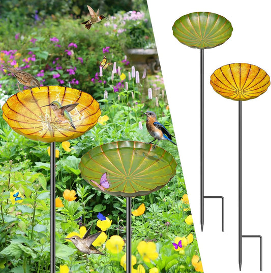 2PCS Metal Flower Bird Bath for Outside, Small Hummingbird Bath Bowl Detachable Birdfeeder Bowl Garden Decor for Outdoor Yard Lawn (2PCS-Yellow-Green)