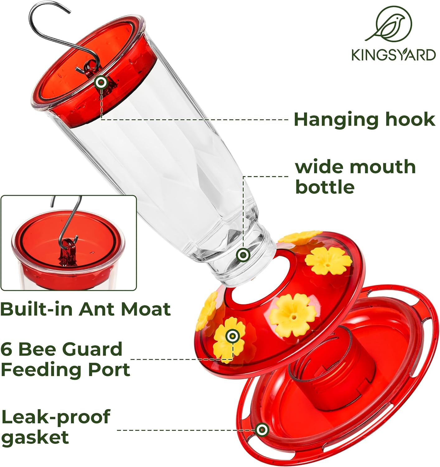 Kingsyard Hummingbird Feeder for Outdoors Hanging - 6 Bee Guard Feeding Ports & Built-in Ant Moat, Wild Bird Feeder for Outside Garden Yard Patio 16 Oz, Clear