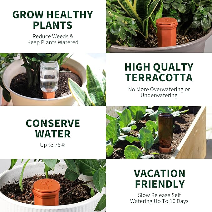 Soilagua Large Terracotta Watering Spikes with Lids, Automatic Plant Waterer Outdoor | Indoor, Vacation Friendly Clay Plant Watering Devices System, Slow Release Self Watering Planter Insert, 8 Pack