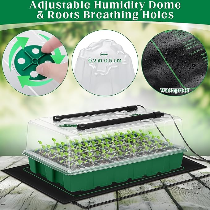 Hahood Seed Starter Kit 40-Cell Seed Starter Tray with Grow Lights Full Spectrum Seedling Heat Mat 40 Peat Pellets Seeds Starting Soil Plant Labels Garden Tools for Germination Seeds Growing, Green