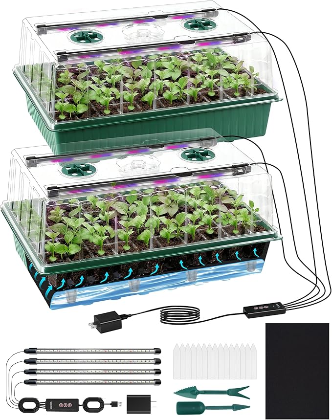120-Cell Self-Watering Seed Starter Tray with Grow Light,2 Sets of 60-Cell Seed Starter Kit with Tall Humidity Dome,Indoor Seedling Starting Germination Kit with 4 Full-spectrum Growing Light Tubes