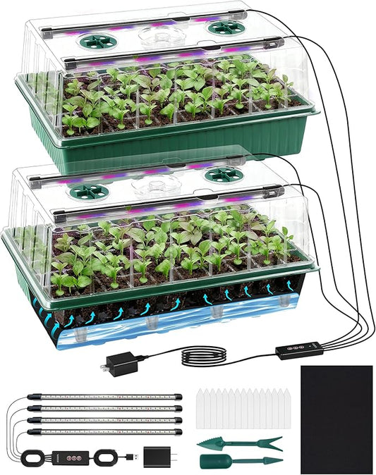 120-Cell Self-Watering Seed Starter Tray with Grow Light,2 Sets of 60-Cell Seed Starter Kit with Tall Humidity Dome,Indoor Seedling Starting Germination Kit with 4 Full-spectrum Growing Light Tubes
