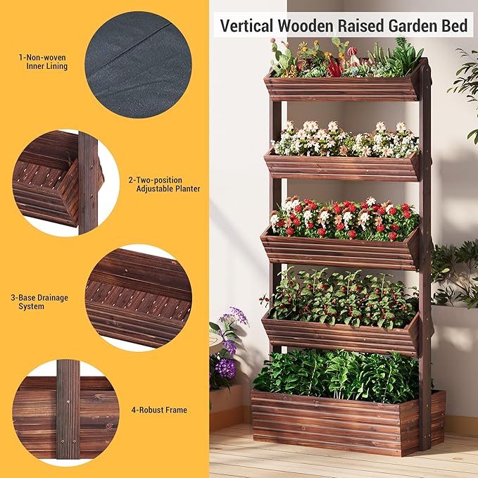 RHINEINMIST Vertical Wooden Raised Garden Bed Planters Wood Planter Kit Plant Stand Flower Rack Planter Box Gardening Plants Herbs Flowers Vegetables Outdoor Indoor Freestanding (Carbonized 5-Tier)
