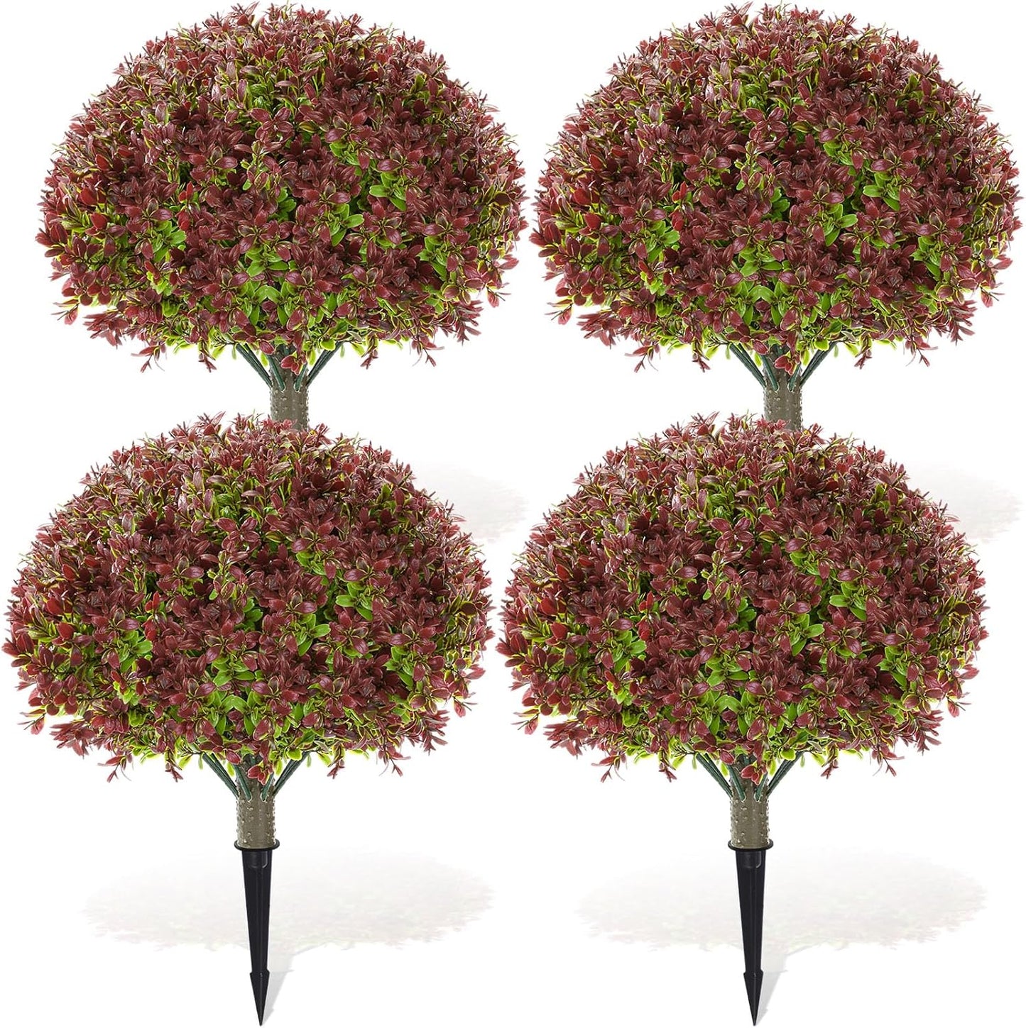 Yunlly 4 Pack 18" Artificial Boxwood Ball Bush Topiary Trees Fake Outdoor Plants, Realistic UV Resistance Faux Shrubs with Spike Greenery Topiary for Front Porch Garden Yard Patio Indoor (Dark Red)