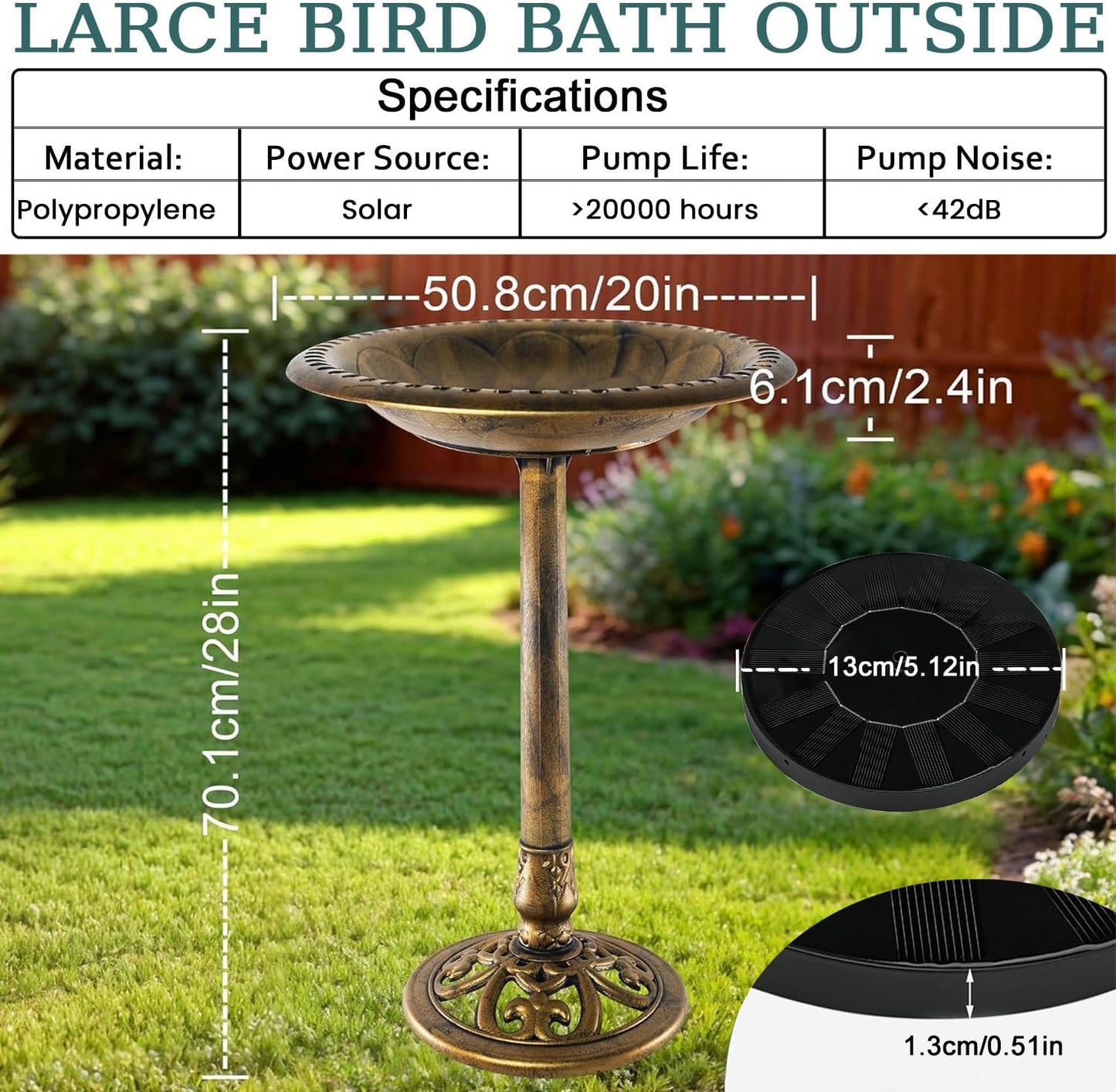 Bird Bath with Solar Powered for Outdoors, 28 Inch Copper Birdbath with Solar Water Fountain Bird Baths Feeder Bowl for Outdoors Garden Patio Yard Lawn Decor