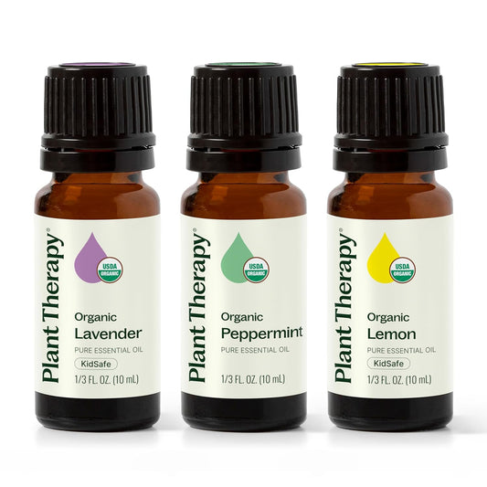 Plant Therapy Top 3 Organic Essential Oil Singles Set 10 mL (1/3 oz) Lemon, Lavender & Peppermint 100% Pure Essential Oils, Undiluted, Natural Aromatherapy for Diffusion and Body Care
