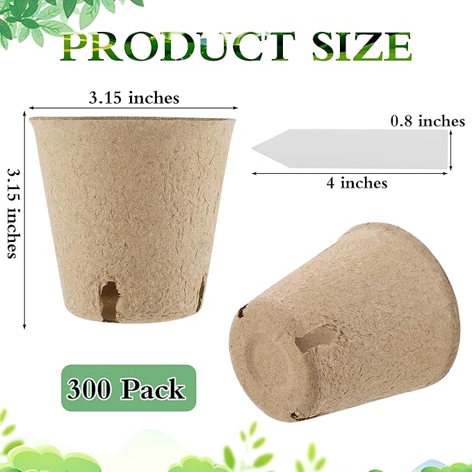 Hahood 300 Pieces Peat Pots Seed Starters 3.15 Inch Peat Pots Round Biodegradable Seed Starting Pots with 300 Plant Labels, Planter Nursery Pots with Drainage Holes for Vegetable Seed