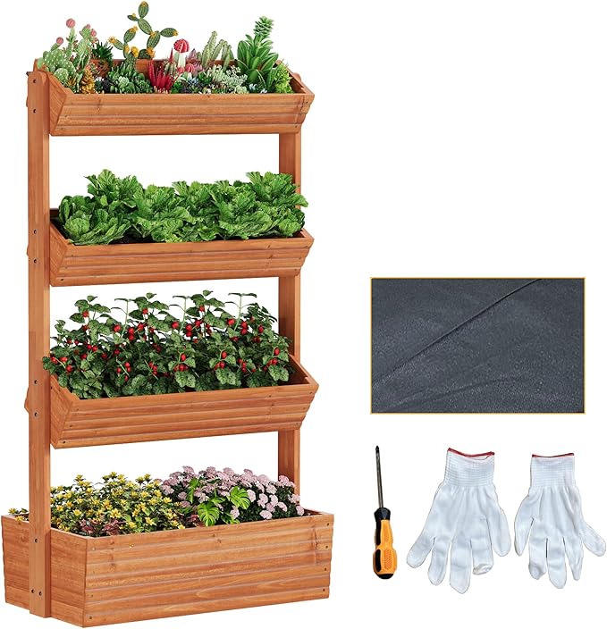 RHINEINMIST Vertical Wooden Raised Garden Bed Planters Wood Planter Kit Plant Stand Flower Rack Planter Box Gardening for Plants Herbs Flowers Vegetables Outdoor Indoor Freestanding (Orange 4-Tier)