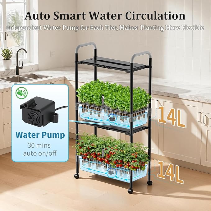 Growell Hydroponics Growing System Kit, 54 Pods Vertical Indoor Herb Garden with Smart LED Grow Light, Auto Circulating Water Pump Each Tier, 28L Hydroponic Gardening Systems for Ideal Gifts (Black)